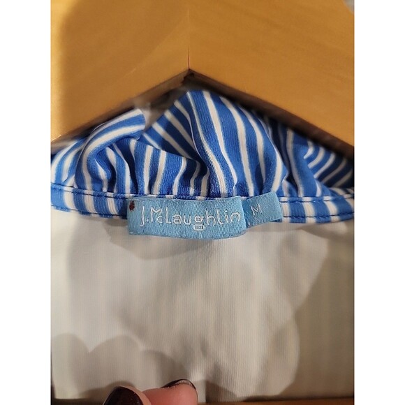 J. McLaughlin Durham Ruffle Neck 3/4 Sleeve Catalina Cloth Top M Blue Stripe - Picture 4 of 6